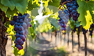 Sunny vineyard with clusters of ripe grapes in focus