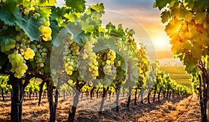 Sunny vineyard with clusters of ripe grapes in focus