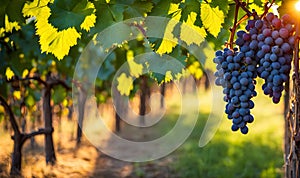 Sunny vineyard with clusters of ripe grapes in focus