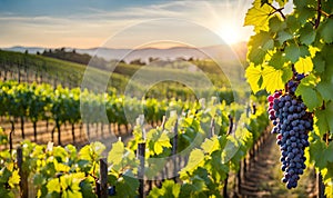 Sunny vineyard with clusters of ripe grapes in focus
