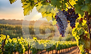 Sunny vineyard with clusters of ripe grapes in focus