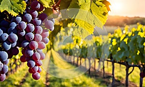 Sunny vineyard with clusters of ripe grapes in focus