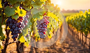 Sunny vineyard with clusters of ripe grapes in focus