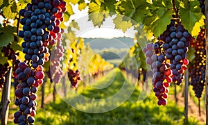 Sunny vineyard with clusters of ripe grapes in focus