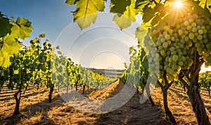 Sunny vineyard with clusters of ripe grapes in focus