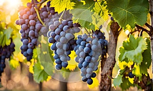 Sunny vineyard with clusters of ripe grapes in focus