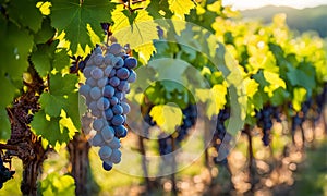 Sunny vineyard with clusters of ripe grapes in focus