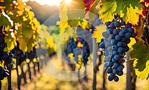 Sunny vineyard with clusters of ripe grapes in focus