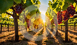 Sunny vineyard with clusters of ripe grapes in focus