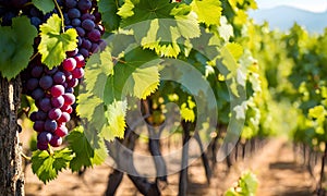 Sunny vineyard with clusters of ripe grapes in focus