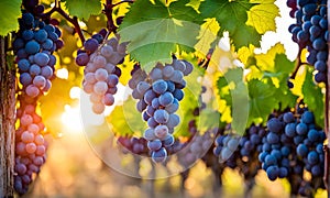 Sunny vineyard with clusters of ripe grapes in focus