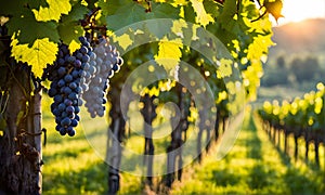 Sunny vineyard with clusters of ripe grapes in focus