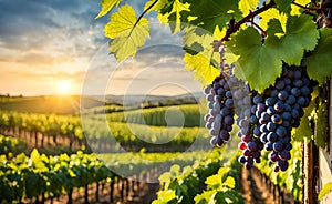 Sunny vineyard with clusters of ripe grapes in focus