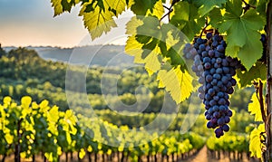 Sunny vineyard with clusters of ripe grapes in focus