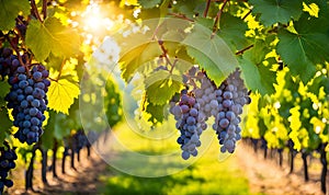 Sunny vineyard with clusters of ripe grapes in focus