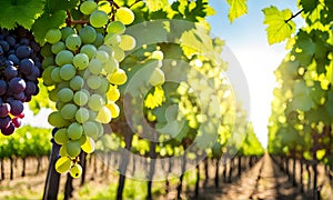 Sunny vineyard with clusters of ripe grapes in focus