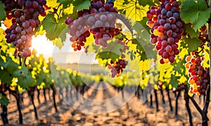 Sunny vineyard with clusters of ripe grapes in focus