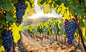 Sunny vineyard with clusters of ripe grapes in focus