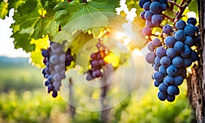 Sunny vineyard with clusters of ripe grapes in focus