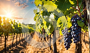 Sunny vineyard with clusters of ripe grapes in focus