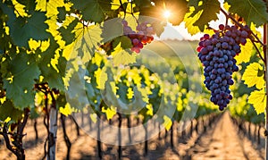 Sunny vineyard with clusters of ripe grapes in focus