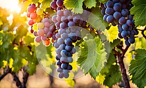 Sunny vineyard with clusters of ripe grapes in focus