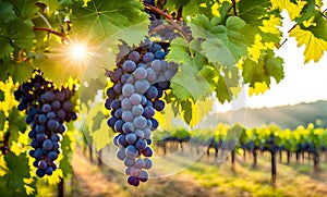 Sunny vineyard with clusters of ripe grapes in focus