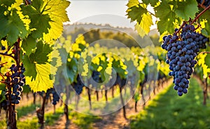 Sunny vineyard with clusters of ripe grapes in focus