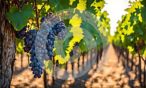 Sunny vineyard with clusters of ripe grapes in focus