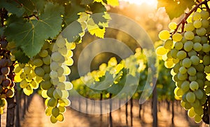 Sunny vineyard with clusters of ripe grapes in focus