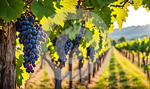 Sunny vineyard with clusters of ripe grapes in focus