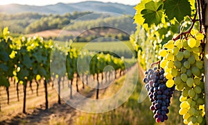 Sunny vineyard with clusters of ripe grapes in focus