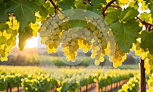 Sunny vineyard with clusters of ripe grapes in focus