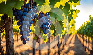 Sunny vineyard with clusters of ripe grapes in focus