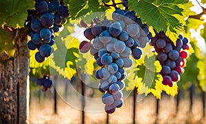 Sunny vineyard with clusters of ripe grapes in focus