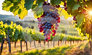 Sunny vineyard with clusters of ripe grapes in focus