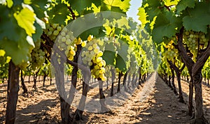 Sunny vineyard with clusters of ripe grapes in focus