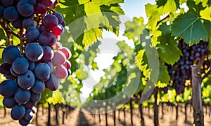 Sunny vineyard with clusters of ripe grapes in focus