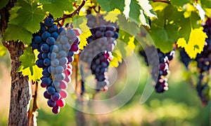 Sunny vineyard with clusters of ripe grapes in focus