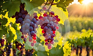 Sunny vineyard with clusters of ripe grapes in focus