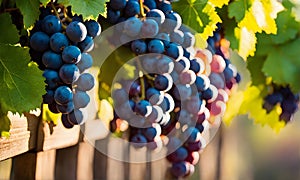 Sunny vineyard with clusters of ripe grapes in focus