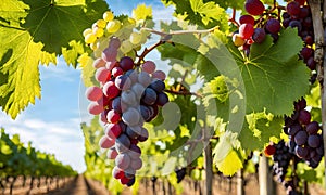 Sunny vineyard with clusters of ripe grapes in focus