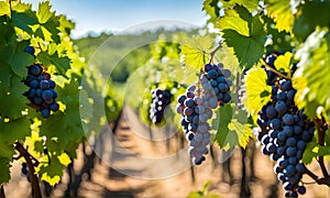 Sunny vineyard with clusters of ripe grapes in focus