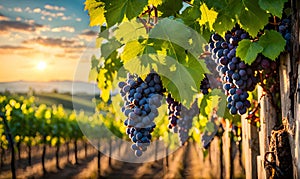 Sunny vineyard with clusters of ripe grapes in focus