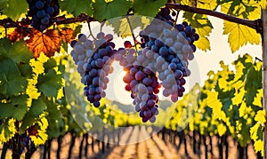 Sunny vineyard with clusters of ripe grapes in focus