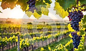 Sunny vineyard with clusters of ripe grapes in focus