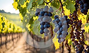 Sunny vineyard with clusters of ripe grapes in focus