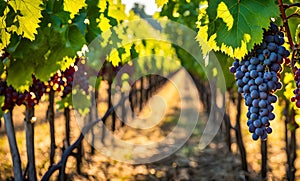 Sunny vineyard with clusters of ripe grapes in focus