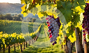 Sunny vineyard with clusters of ripe grapes in focus