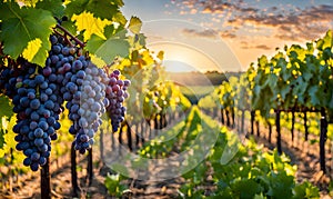 Sunny vineyard with clusters of ripe grapes in focus